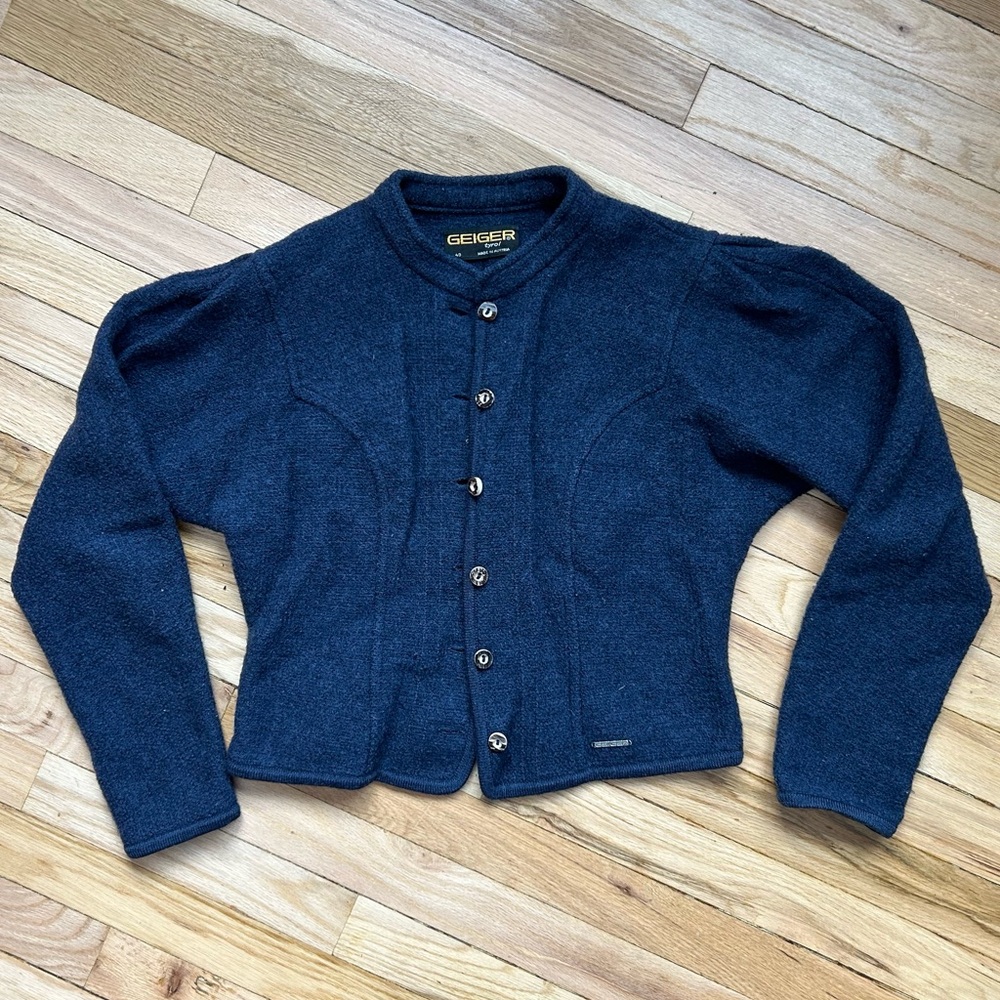 Vintage 80s Navy Blue Wool Cropped Button Up Jacket